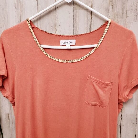 Calvin Klein Embellished Rayon Top Coral Size Medium - Picture 4 of 6